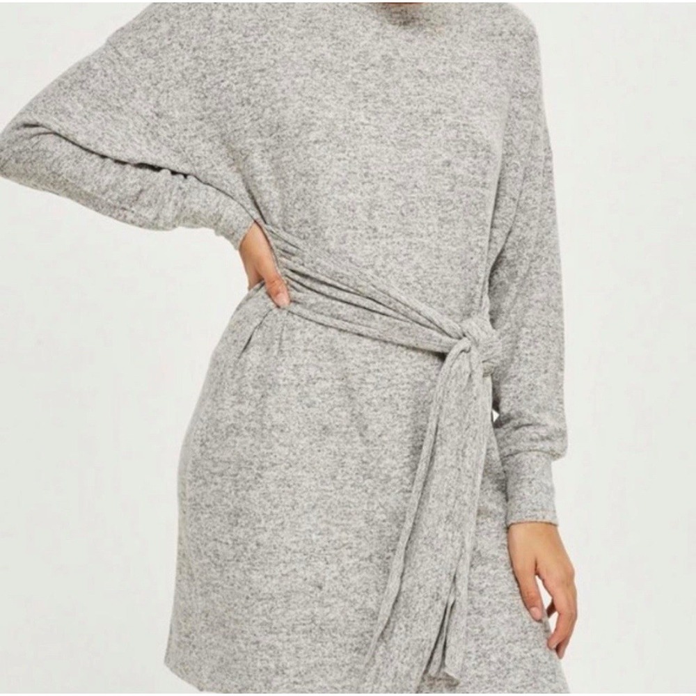 Topshop Gray Long Sleeve Tie Waist Dress Size 6 NWT Athleisure Preppy Viscose